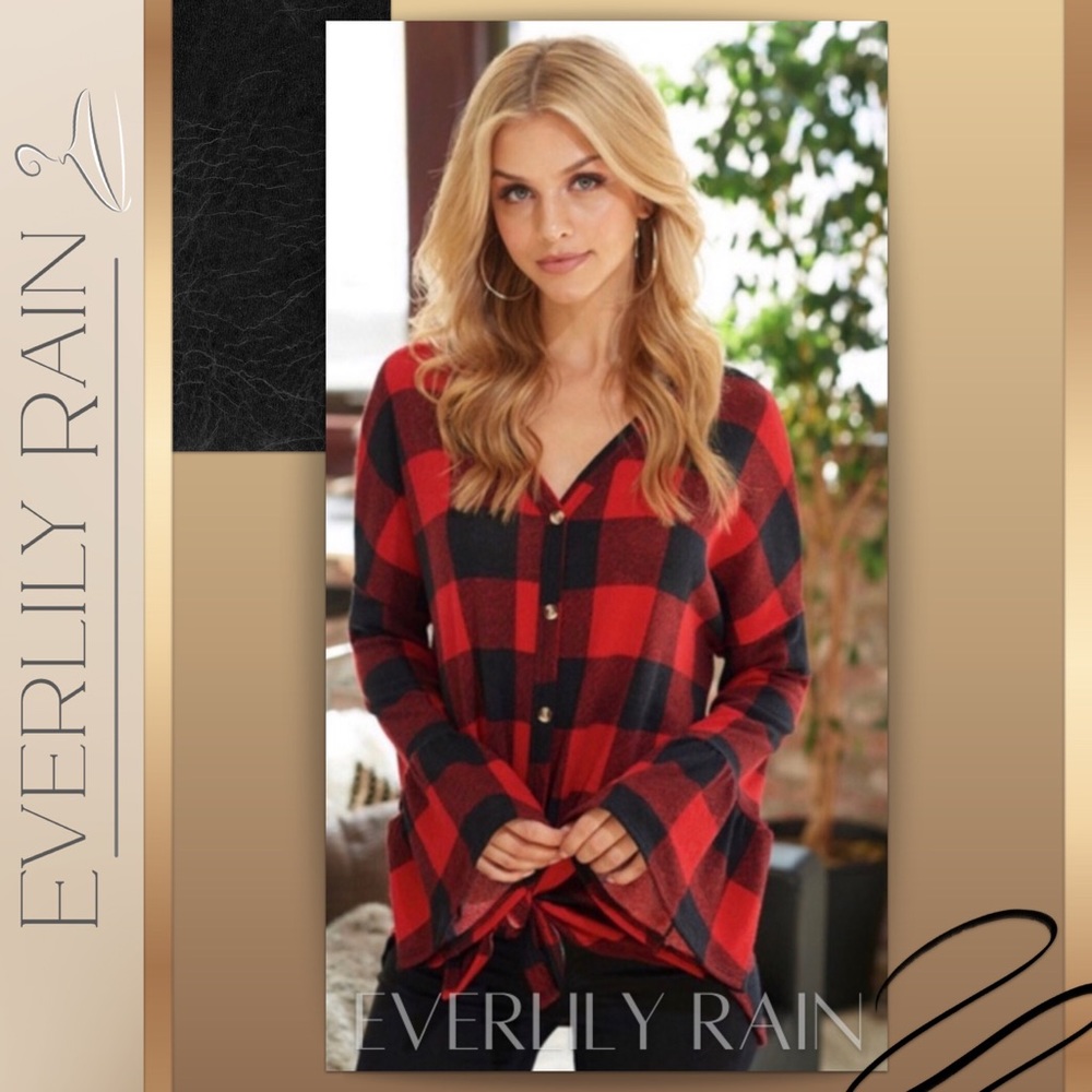 Beautiful Red & Black Plaid Top with Ruffle Sleeve - Picture 1 of 6